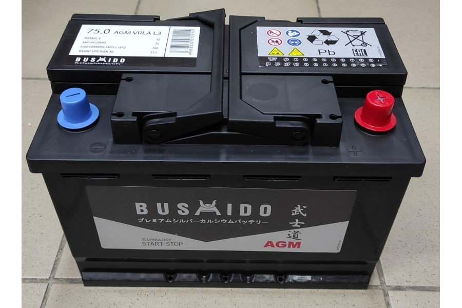 Аккумулятор Bushido AGM 75 a/h 760A R+